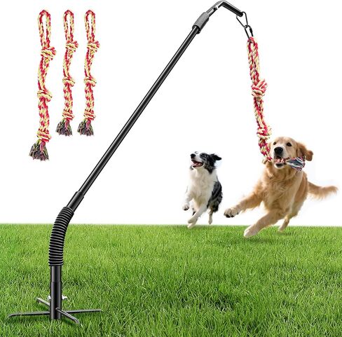 Tether Tug Outdoor Dog Rope Toy, Adjustment Height Upgraded Spring Pole, Includes 3 Chew Ropes, Interactive Tug of War Toy for Large Medium Small Dogs, Exercise Game in Yard, Lawn, Park in Kuwait