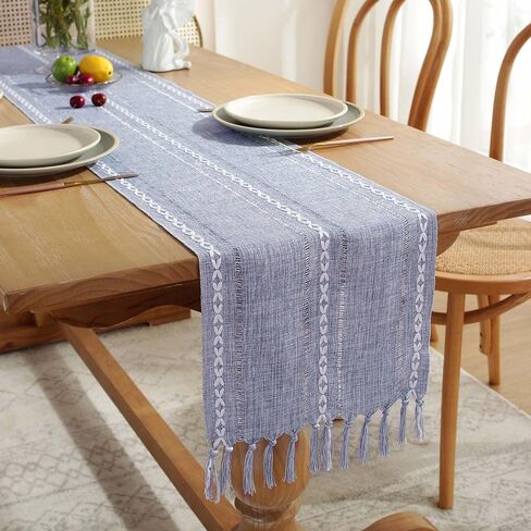 Yicorgard Rustic Table Runner Rustic Farmhouse Style 13“ x 72", Braided Striped Linen Cream Table Runner 72 Inches Long with Tassels for Dining Room Kitchen Reading Dresser Décor,Ivory White in Kuwait