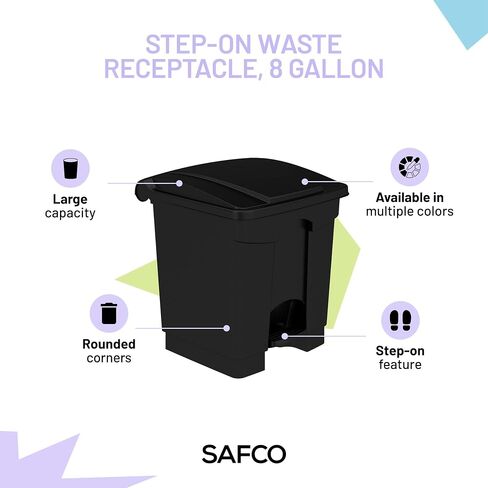 سلة المهملات البلاستيكية من منتجات Safco يمكن التخلص منها بدون استخدام اليدين، رائعة للاستخدام المنزلي/التجاري، سعة 8 جالون، أسود (9924BL) in Kuwait