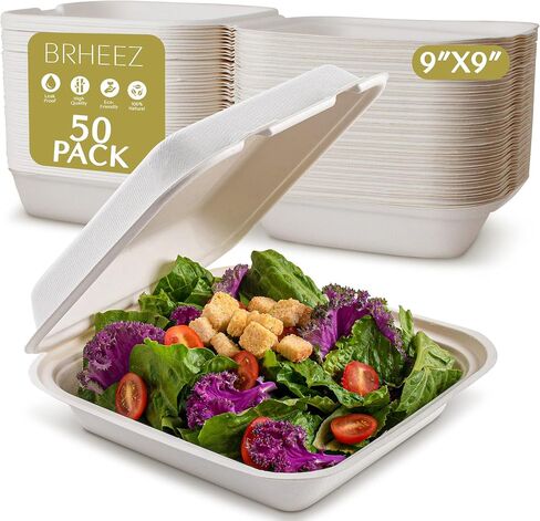 brheez Disposable Clamshell To Go Containers (50 Pack) Bagasse Fiber Biodegradable Containers With Lids, 9"x6" (2-Compartment Boxes) For Takeout, Parties, & Holidays - Chemical Free, White in Kuwait