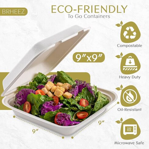 brheez Disposable Clamshell To Go Containers (50 Pack) Bagasse Fiber Biodegradable Containers With Lids, 9"x6" (2-Compartment Boxes) For Takeout, Parties, & Holidays - Chemical Free, White in Kuwait