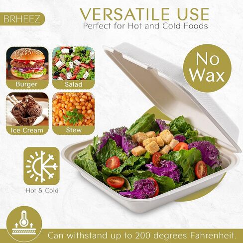 brheez Disposable Clamshell To Go Containers (50 Pack) Bagasse Fiber Biodegradable Containers With Lids, 9"x6" (2-Compartment Boxes) For Takeout, Parties, & Holidays - Chemical Free, White in Kuwait