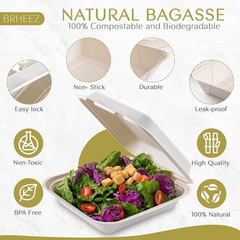 brheez Disposable Clamshell To Go Containers (50 Pack) Bagasse Fiber Biodegradable Containers With Lids, 9"x6" (2-Compartment Boxes) For Takeout, Parties, & Holidays - Chemical Free, White in Kuwait
