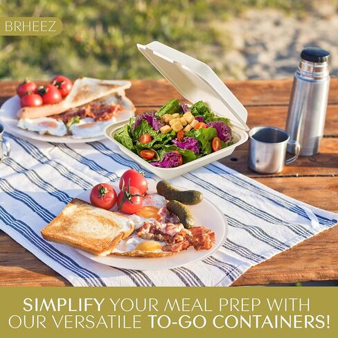 brheez Disposable Clamshell To Go Containers (50 Pack) Bagasse Fiber Biodegradable Containers With Lids, 9"x6" (2-Compartment Boxes) For Takeout, Parties, & Holidays - Chemical Free, White in Kuwait