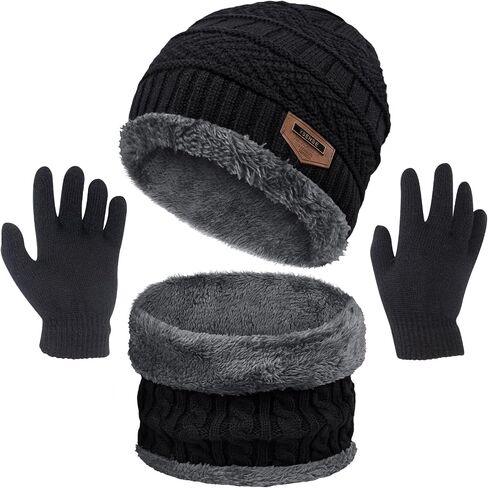 3 Pcs Boys Girls Winter Beanie Hat Scarf Gloves Set Thick Knitted Warm Toddler Winter Hat Mittens Neck Warmer for Kids in Kuwait