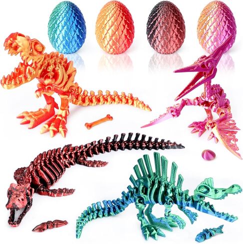 Sumsoltic 3D Printed Dinosaur Toy Set, 4 Piece Articulated Dinosaur Models with Matching Dinosaur Eggs, PLA Gradient Educational Toy for Kids 3-12 in Kuwait