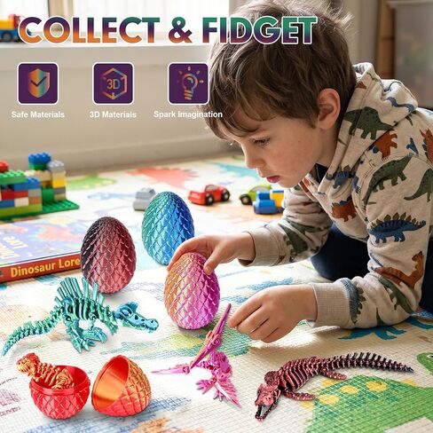 Sumsoltic 3D Printed Dinosaur Toy Set, 4 Piece Articulated Dinosaur Models with Matching Dinosaur Eggs, PLA Gradient Educational Toy for Kids 3-12 in Kuwait