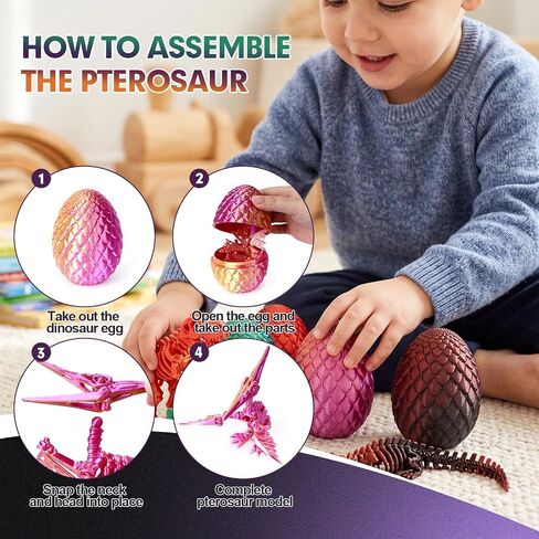 Sumsoltic 3D Printed Dinosaur Toy Set, 4 Piece Articulated Dinosaur Models with Matching Dinosaur Eggs, PLA Gradient Educational Toy for Kids 3-12 in Kuwait