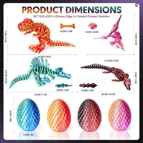 Sumsoltic 3D Printed Dinosaur Toy Set, 4 Piece Articulated Dinosaur Models with Matching Dinosaur Eggs, PLA Gradient Educational Toy for Kids 3-12 in Kuwait