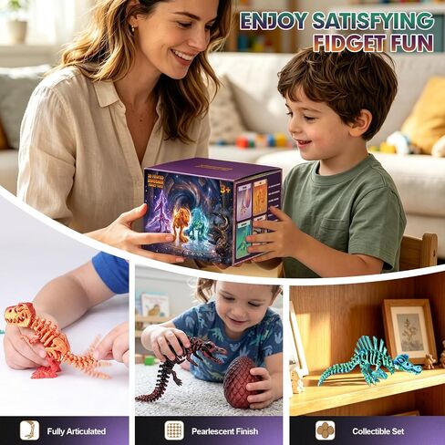 Sumsoltic 3D Printed Dinosaur Toy Set, 4 Piece Articulated Dinosaur Models with Matching Dinosaur Eggs, PLA Gradient Educational Toy for Kids 3-12 in Kuwait
