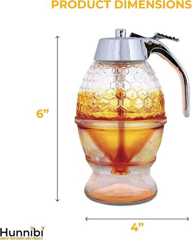 Hunnibi Honey Dispenser No Drip Glass - Honey Container - Maple Glass Syrup Dispenser - Beautiful Honey Comb Shaped Honey Pot - Glass Honey Jar with Stand - Great Bee Decor - Honey Containers in Kuwait