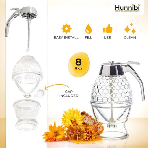 Hunnibi Honey Dispenser No Drip Glass - Honey Container - Maple Glass Syrup Dispenser - Beautiful Honey Comb Shaped Honey Pot - Glass Honey Jar with Stand - Great Bee Decor - Honey Containers in Kuwait