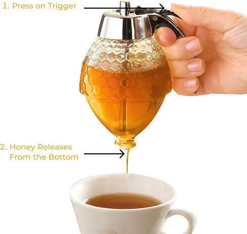 Hunnibi Honey Dispenser No Drip Glass - Honey Container - Maple Glass Syrup Dispenser - Beautiful Honey Comb Shaped Honey Pot - Glass Honey Jar with Stand - Great Bee Decor - Honey Containers in Kuwait