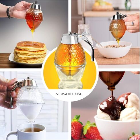 Hunnibi Honey Dispenser No Drip Glass - Honey Container - Maple Glass Syrup Dispenser - Beautiful Honey Comb Shaped Honey Pot - Glass Honey Jar with Stand - Great Bee Decor - Honey Containers in Kuwait