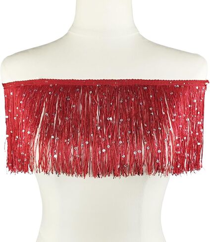 2 Yards Sequin Sewing Fringe Trim Lace Chainette Tassel Fringe Trim Ribbon for DIY Crafts Clothing Wedding Dess Decoration, 6 Inch, Red in Kuwait
