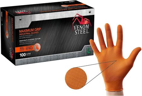 Venom Steel Maximum Grip Nitrile Gloves, 8 Mil Thick, Raised Diamond Texture For Grip, Puncture and Rip Resistant, Hi-Visibility Orange, Large (100 Count) in Kuwait