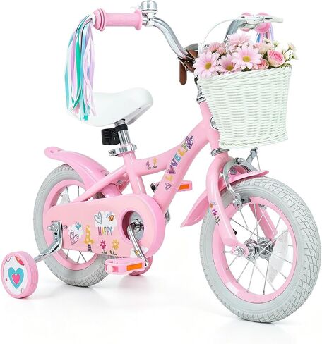 Olakids Kids Bike, 12 14 16 18 Inch Sweet Heart Theme Girls Bicycle with Training Wheels, Carry Handle, Adjustable Handlebar and Seat, Basket, Streamers for Age 3-12 in Kuwait