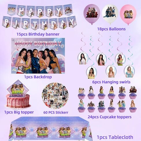 ULK 106 Pcs Katseye Birthday Decorations, Party Supplies Set Including 60 Stickers，Backdrop，Balloons，Hanging Swirls, Cake Toppers And Cupcake Toppers For Fans Birthday Party in Kuwait