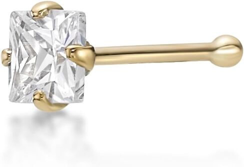 20 Gauge Straight Bone, L-Shaped or Curved Screw Princess Cut Cubic Zirconia Nose Ring in 14k Yellow Gold CZ Unisex Stud Nose Ring Hypoallergenic 20G Body Piercing by Lavari Jewelers in Kuwait
