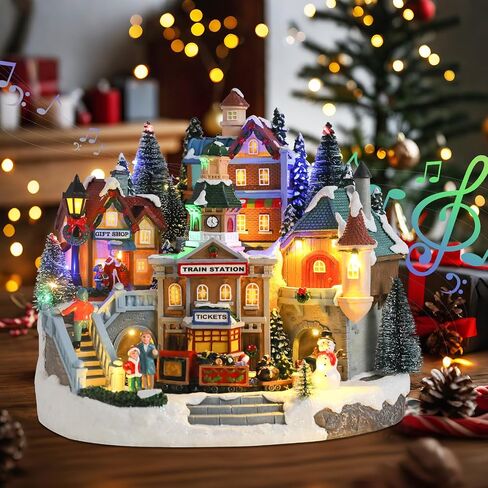Bdor Collectible Buildings Lighted Animated Christmas Village with Train and Music – Plug-in LED Christmas Decoration for Tabletop, Home, Gift Shop Display – Musical Holiday Collectible Centerpiece in Kuwait