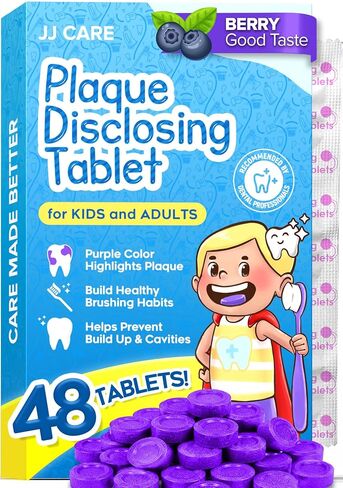 JJ Care Disclosing Tablets - 120 Count of Teeth Coloring Plaque Disclosing Tablets, Berry Flavored Dental Disclosing Tablets for Kids and Adults, Individually Wrapped Plaque Tablets in Kuwait