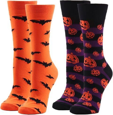 Men's Halloween Holiday Pumpkins Bats Crazy Novelty Cotton Crew Length Casual Dress Socks 2 Pack in Saudi Arabia