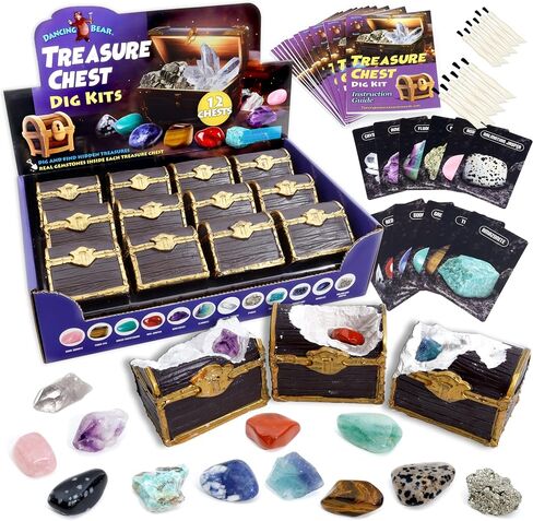 DANCING BEAR Treasure Chest Dig Kit Party Pack for 12 Kids, Excavate 12 Surprise Real Gems & Crystals, STEM Education, Fun Pirate Booty Hunt, Science Activity Gift Sets for Girls and Boys in Saudi Arabia