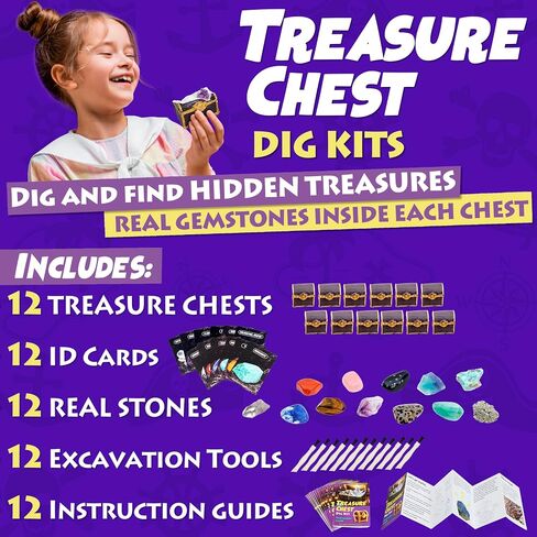 DANCING BEAR Treasure Chest Dig Kit Party Pack for 12 Kids, Excavate 12 Surprise Real Gems & Crystals, STEM Education, Fun Pirate Booty Hunt, Science Activity Gift Sets for Girls and Boys in Saudi Arabia