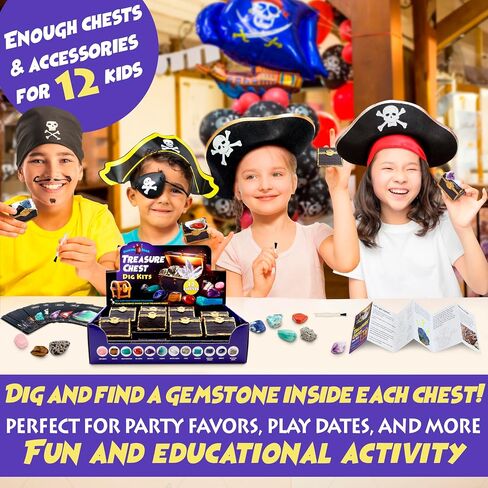 DANCING BEAR Treasure Chest Dig Kit Party Pack for 12 Kids, Excavate 12 Surprise Real Gems & Crystals, STEM Education, Fun Pirate Booty Hunt, Science Activity Gift Sets for Girls and Boys in Saudi Arabia