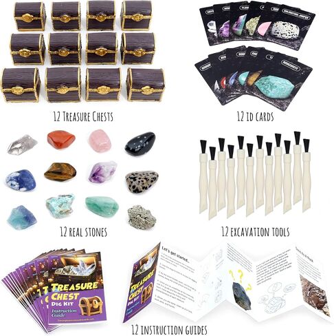 DANCING BEAR Treasure Chest Dig Kit Party Pack for 12 Kids, Excavate 12 Surprise Real Gems & Crystals, STEM Education, Fun Pirate Booty Hunt, Science Activity Gift Sets for Girls and Boys in Saudi Arabia