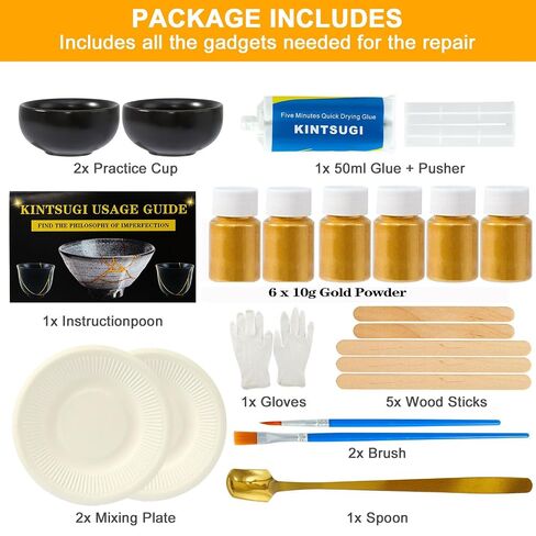 deuvuo Kintsugi Repair Kit Gold, 21 Pcs Authentic Kintsugi Repair Kit to Revive Your Broken Ceramic, Pottery, Mug, Bowl, Glass Keepsakes with Ease - Japanese Art DIY Set Bio for Beginners in Kuwait