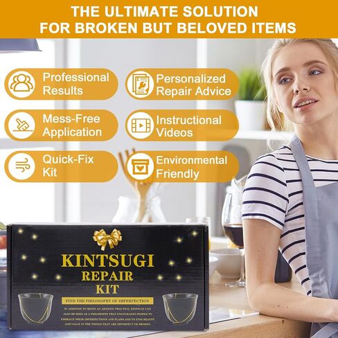 deuvuo Kintsugi Repair Kit Gold, 21 Pcs Authentic Kintsugi Repair Kit to Revive Your Broken Ceramic, Pottery, Mug, Bowl, Glass Keepsakes with Ease - Japanese Art DIY Set Bio for Beginners in Kuwait