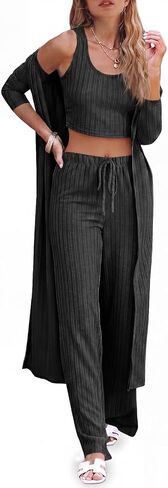 Fessceruna Womens Pajamas Set Fall Winter 3 Piece Loungewear Set Crop Top Loose Pants Cardigan in Kuwait