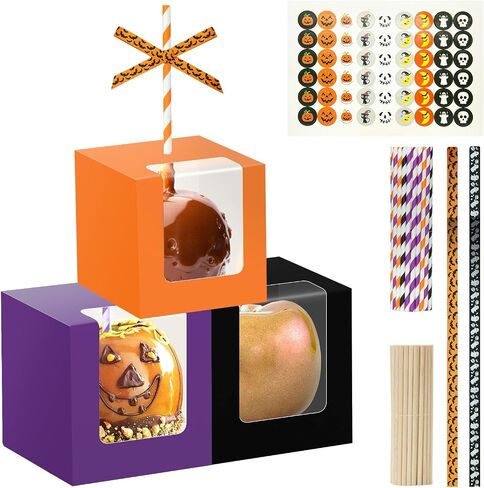 60 Sets Halloween Kraft Candy Apple Boxes with 60Pcs Hole Stick and Colorful Straws, 2Pcs Ribbons and Stickers, 4 x 4 x 4 Inch Window Clear Caramel Favor Boxes for Cake, Cookies Chocolate, Candied in Saudi Arabia