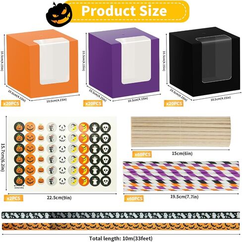 60 Sets Halloween Kraft Candy Apple Boxes with 60Pcs Hole Stick and Colorful Straws, 2Pcs Ribbons and Stickers, 4 x 4 x 4 Inch Window Clear Caramel Favor Boxes for Cake, Cookies Chocolate, Candied in Saudi Arabia