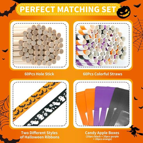 60 Sets Halloween Kraft Candy Apple Boxes with 60Pcs Hole Stick and Colorful Straws, 2Pcs Ribbons and Stickers, 4 x 4 x 4 Inch Window Clear Caramel Favor Boxes for Cake, Cookies Chocolate, Candied in Saudi Arabia