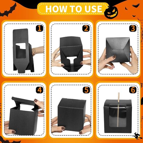 60 Sets Halloween Kraft Candy Apple Boxes with 60Pcs Hole Stick and Colorful Straws, 2Pcs Ribbons and Stickers, 4 x 4 x 4 Inch Window Clear Caramel Favor Boxes for Cake, Cookies Chocolate, Candied in Saudi Arabia