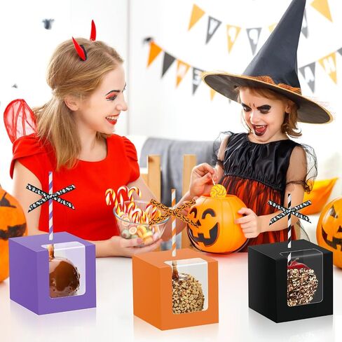 60 Sets Halloween Kraft Candy Apple Boxes with 60Pcs Hole Stick and Colorful Straws, 2Pcs Ribbons and Stickers, 4 x 4 x 4 Inch Window Clear Caramel Favor Boxes for Cake, Cookies Chocolate, Candied in Saudi Arabia