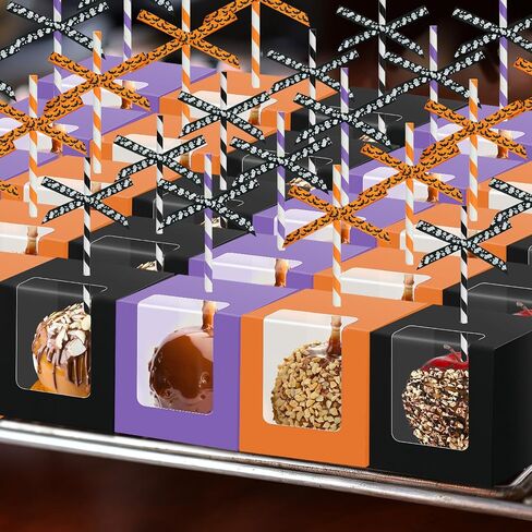 60 Sets Halloween Kraft Candy Apple Boxes with 60Pcs Hole Stick and Colorful Straws, 2Pcs Ribbons and Stickers, 4 x 4 x 4 Inch Window Clear Caramel Favor Boxes for Cake, Cookies Chocolate, Candied in Saudi Arabia