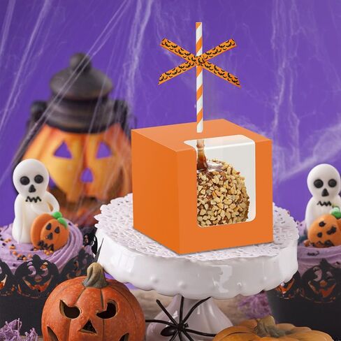 60 Sets Halloween Kraft Candy Apple Boxes with 60Pcs Hole Stick and Colorful Straws, 2Pcs Ribbons and Stickers, 4 x 4 x 4 Inch Window Clear Caramel Favor Boxes for Cake, Cookies Chocolate, Candied in Saudi Arabia
