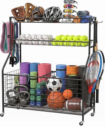 Garage Sports Equipment Organizer,Ball Storage Rack,Garage Organizer with Baskets and Hooks, Sports Gear Storage,Garage Ball Storage, Black in Kuwait