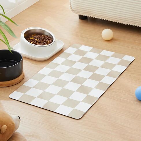 Checkered Dog Feeding Mat, Absorbent Mats for Dog Food and Water Bowl, Dispenser, Retro Aesthetic Khaki Beige Checkerboard Pet Placemat for Dogs, Cats, Puppy Accessories, 12" X 19" in Kuwait