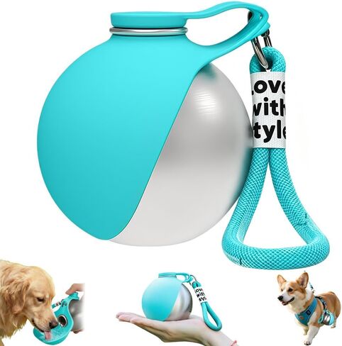2 in 1 Portable Dog Water Bottle, 285ml Foldable Dog Travel Water Bottle with Silicone Bowl, Leak Proof Pet Water Bottle for Travel, Walks, Hikes, Park Visits, Tainless Steel (Blue) in Saudi Arabia