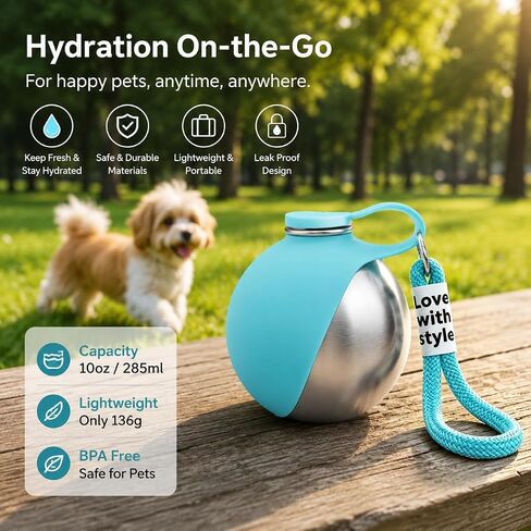 2 in 1 Portable Dog Water Bottle, 285ml Foldable Dog Travel Water Bottle with Silicone Bowl, Leak Proof Pet Water Bottle for Travel, Walks, Hikes, Park Visits, Tainless Steel (Blue) in Saudi Arabia