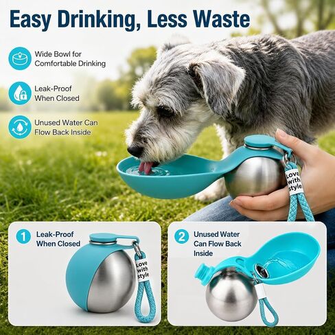 2 in 1 Portable Dog Water Bottle, 285ml Foldable Dog Travel Water Bottle with Silicone Bowl, Leak Proof Pet Water Bottle for Travel, Walks, Hikes, Park Visits, Tainless Steel (Blue) in Saudi Arabia