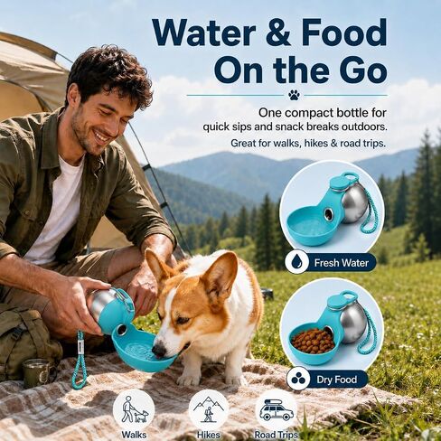 2 in 1 Portable Dog Water Bottle, 285ml Foldable Dog Travel Water Bottle with Silicone Bowl, Leak Proof Pet Water Bottle for Travel, Walks, Hikes, Park Visits, Tainless Steel (Blue) in Saudi Arabia