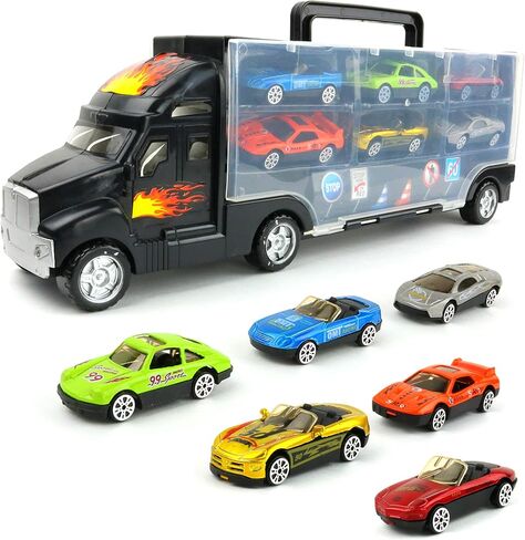 Big Mo's Toys Transport Car Carrier Truck - with 6 Stylish Metal Racing Cars - with Carrying Case in Kuwait