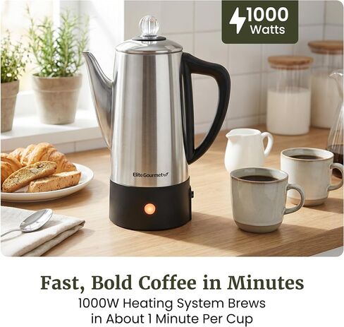 غلاية قهوة كهربائية من Elite Gourmet EC140 سعة 6 أكواب مع مقبض دافئ وشفاف لتقدم المشروب ومقبض يعمل باللمس بدون سلك، من الفولاذ المقاوم للصدأ in Kuwait