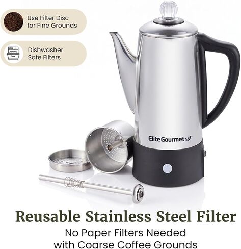 غلاية قهوة كهربائية من Elite Gourmet EC140 سعة 6 أكواب مع مقبض دافئ وشفاف لتقدم المشروب ومقبض يعمل باللمس بدون سلك، من الفولاذ المقاوم للصدأ in Kuwait