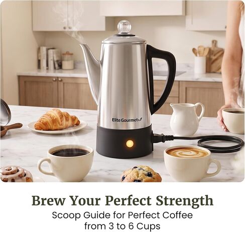 غلاية قهوة كهربائية من Elite Gourmet EC140 سعة 6 أكواب مع مقبض دافئ وشفاف لتقدم المشروب ومقبض يعمل باللمس بدون سلك، من الفولاذ المقاوم للصدأ in Kuwait